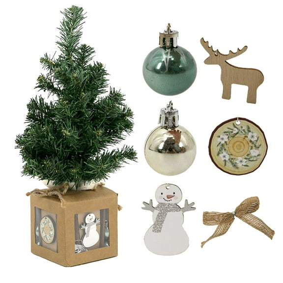 Miluhome Tabletop Small Christmas Tree 16'' Artificial Xmas Tree Ornament with Balls, Snowman, Reindeer