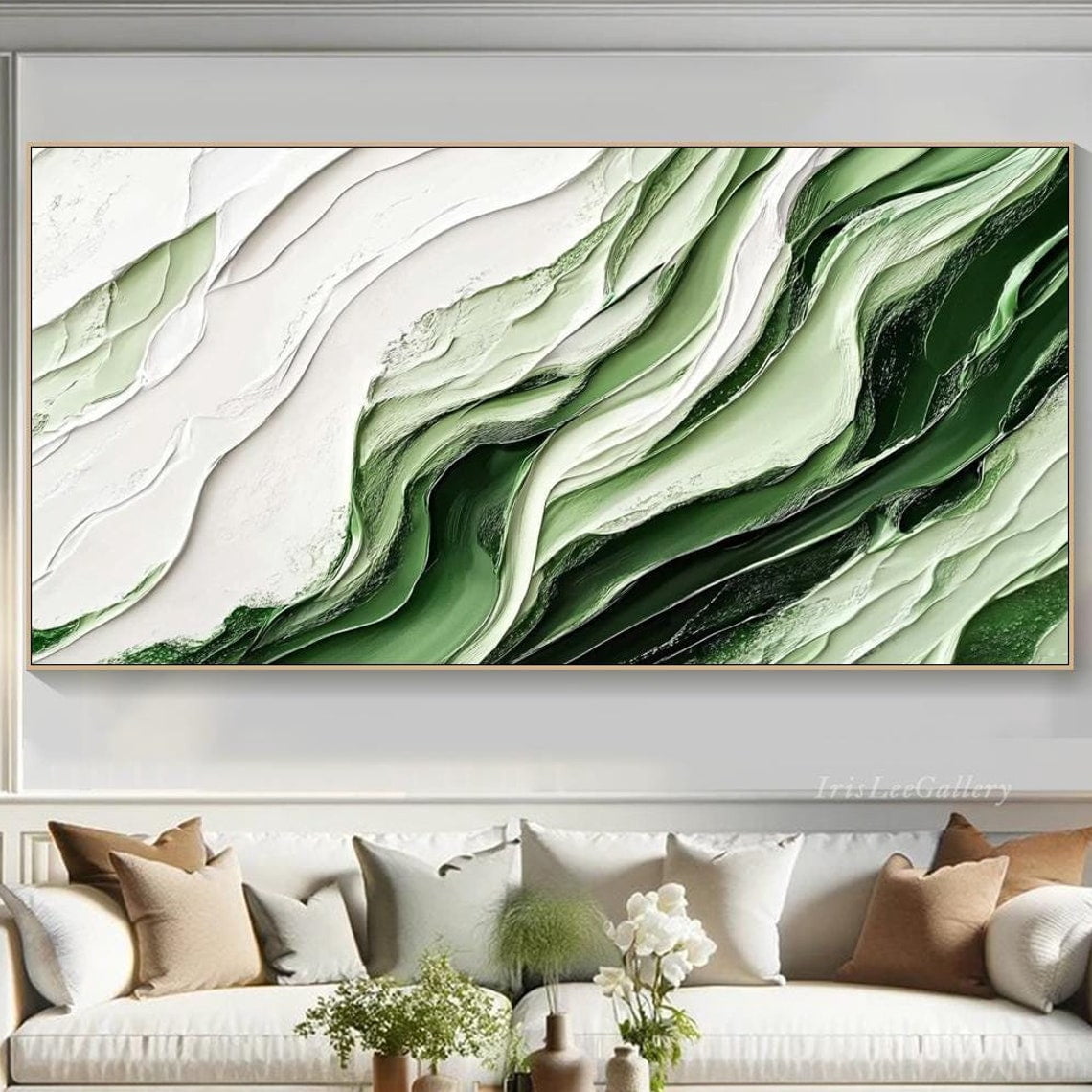 View of Miluva Abstract Green On Textured Modern Impasto Wall Art Nature ...