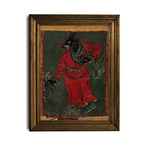 Miluva Ancient Tibetan Black Demon Art Print Vintage Himalayan Thangka - Mythical Bear- Buddhist Decor, Download Poster, Spiritual Wall Decor For Living Room Bedroom, 8x12 UNFRAMED