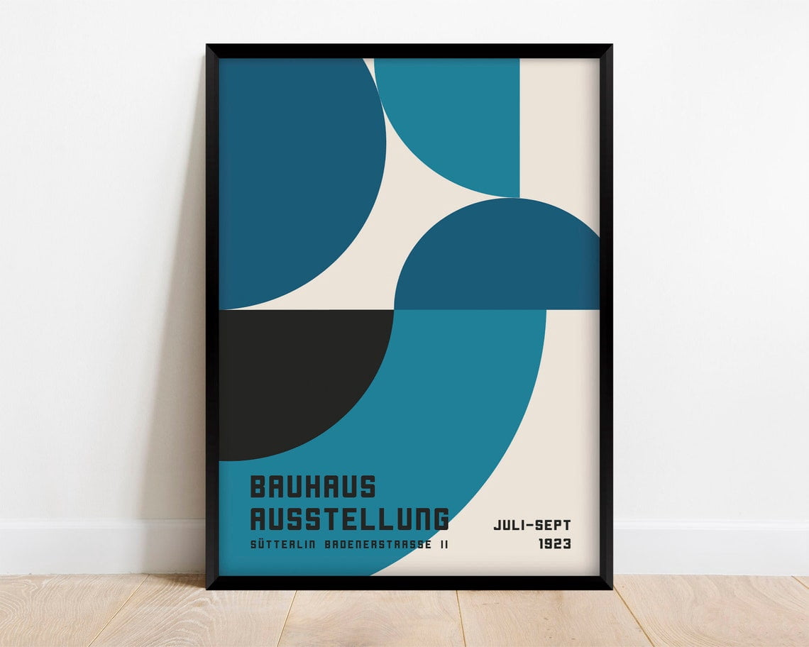 Miluva Bauhaus Exhibition Poster 1923, Blue Geometric Wall Art , Retro ...