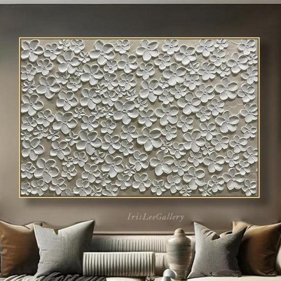 Miluva Beige Floral Wall Art Minimalist Textured Flower On Relief Wabi-Sabi Modern Plaster Art For Bedroom Or Living Room Decor For Living Room Bedroom, 8x12 UNFRAMED