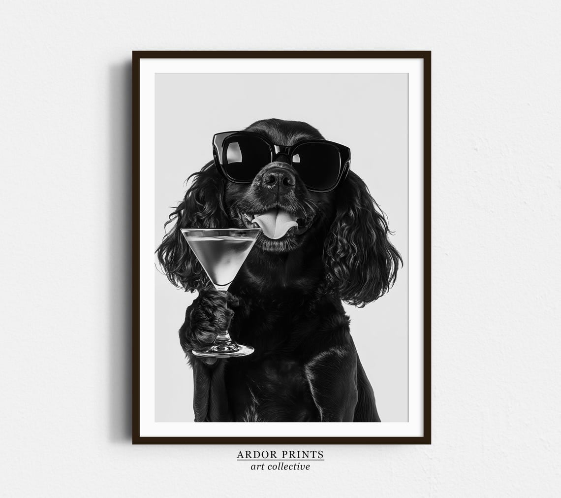 Miluva Black Cocker Spaniel Holding Cocktail Wall Art, Black And White ...