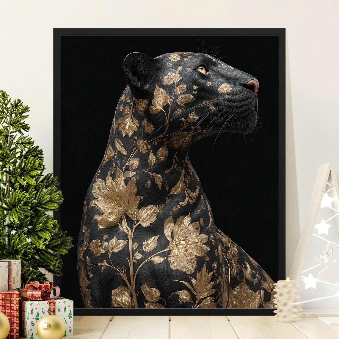 Miluva Black Panther Poster, Gold Floral Art Print, Modern Animal Wall ...