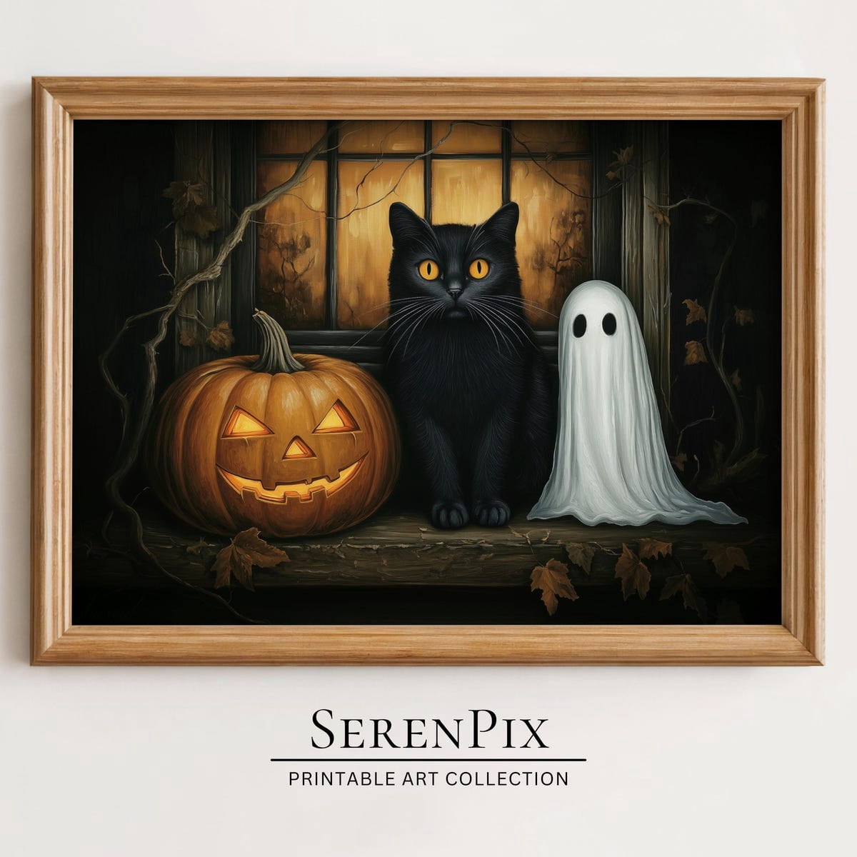Miluva Black cat – Pumpkin – And ghost halloween art print () – Poster ...