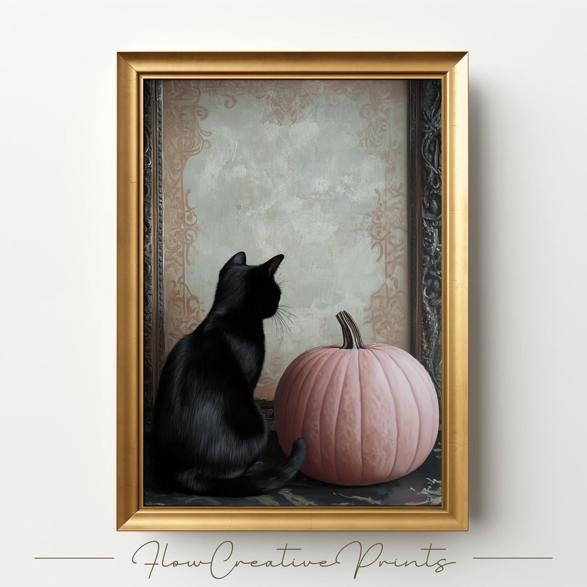 Miluva Black cat and pink pumpkin art quirky cottagecore halloween ...