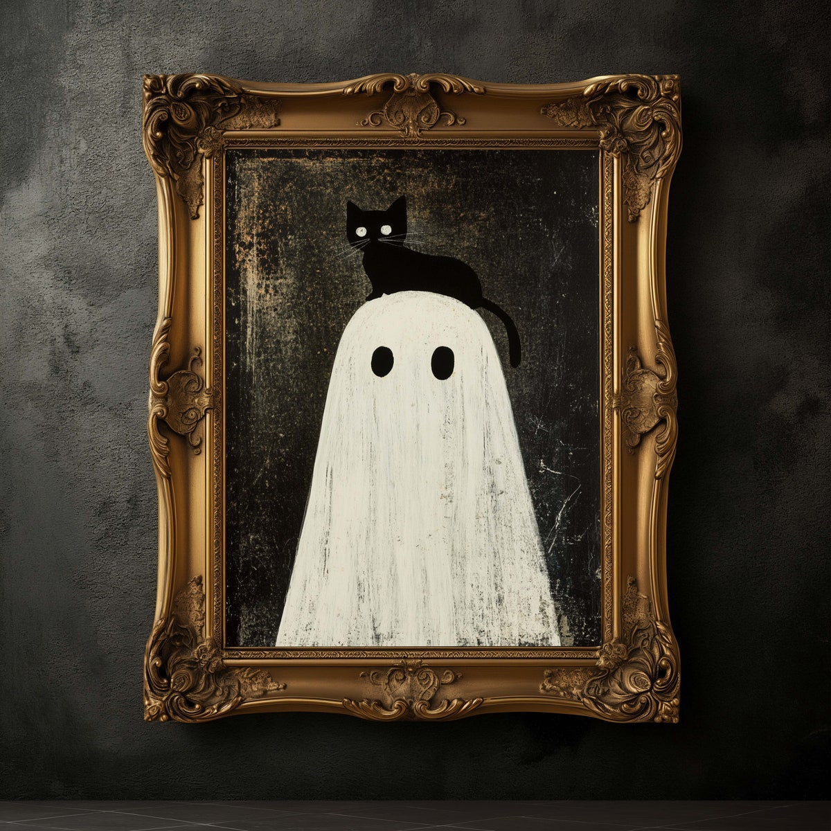 Miluva Black cat sitting on ghost head print – Halloween art poster ...