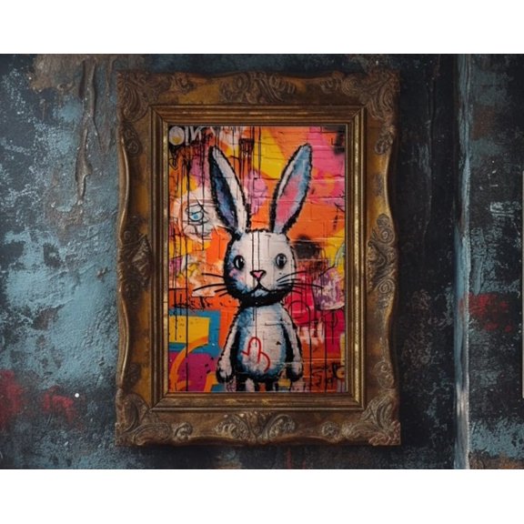 Miluva Bunny Graffiti Wall Art, , Colorful Cute Rabbit Bunny Wall Decor, Animal Modern Artwork, Street Pop Art, Urban Graffiti Poster Decor For Living Room Bedroom, 12x18 UNFRAMED