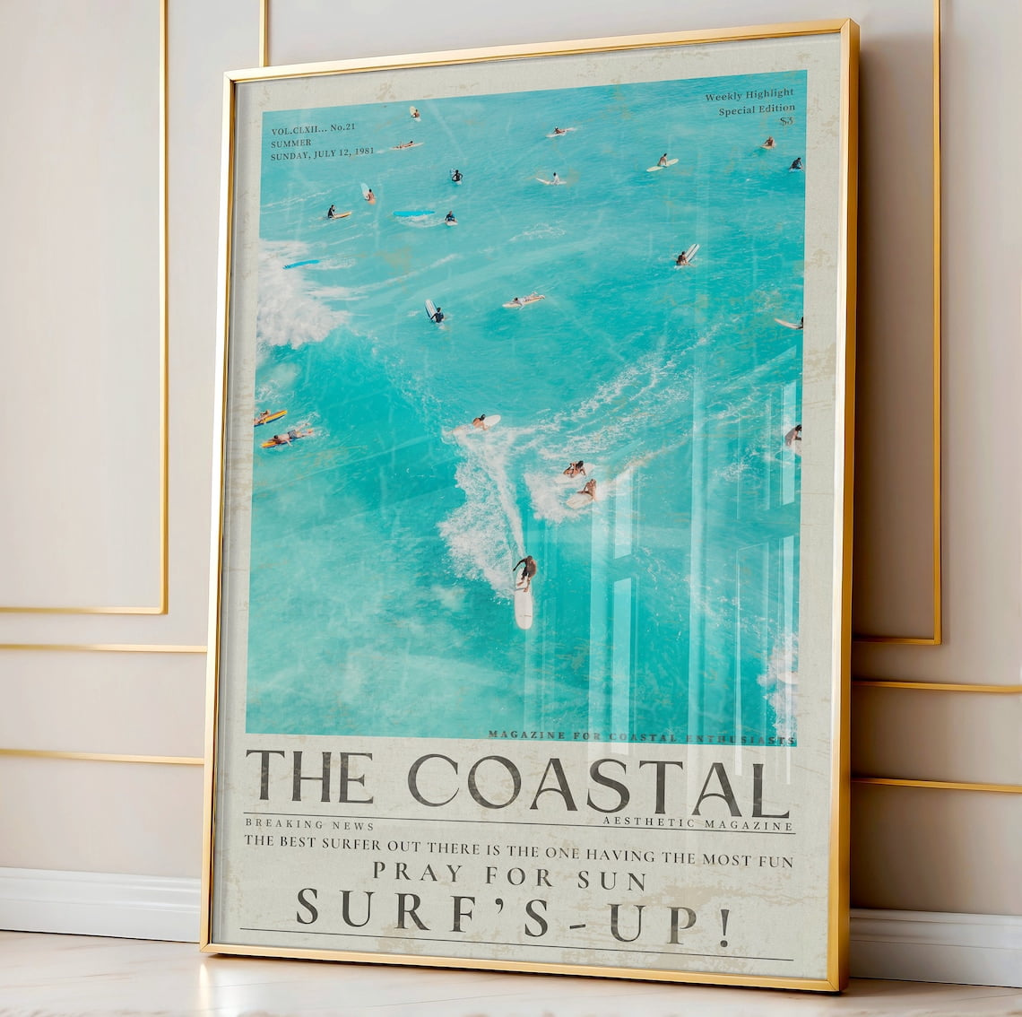 Vintage Surf Newspaper Poster - 11x14 Inch Blue Coastal Wall Art, Aerial Ocean Print, Beachy Room Decor