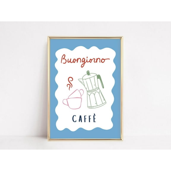 Miluva Colorful Coffee Print Italian Buongiorno Printable Wall Art, Cute Retro Kitchen Decor, Hand-Drawn Cafe Coffee Bar Poster, Foodie Gift Decor For Living Room Bedroom, 8x12 UNFRAMED
