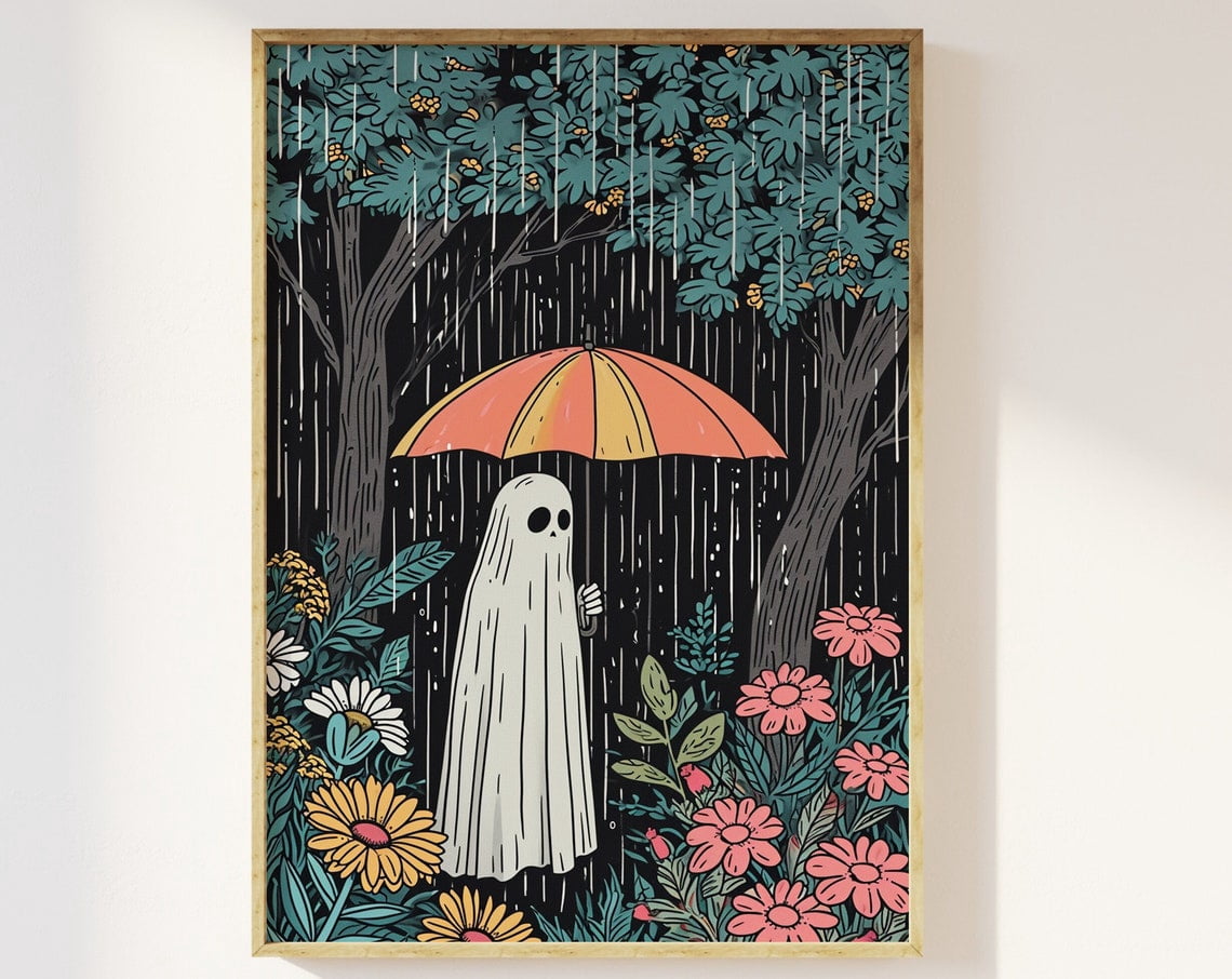 Miluva Cute Cottagecore Ghost Under An Umbrella Art Print Cute Spooky ...