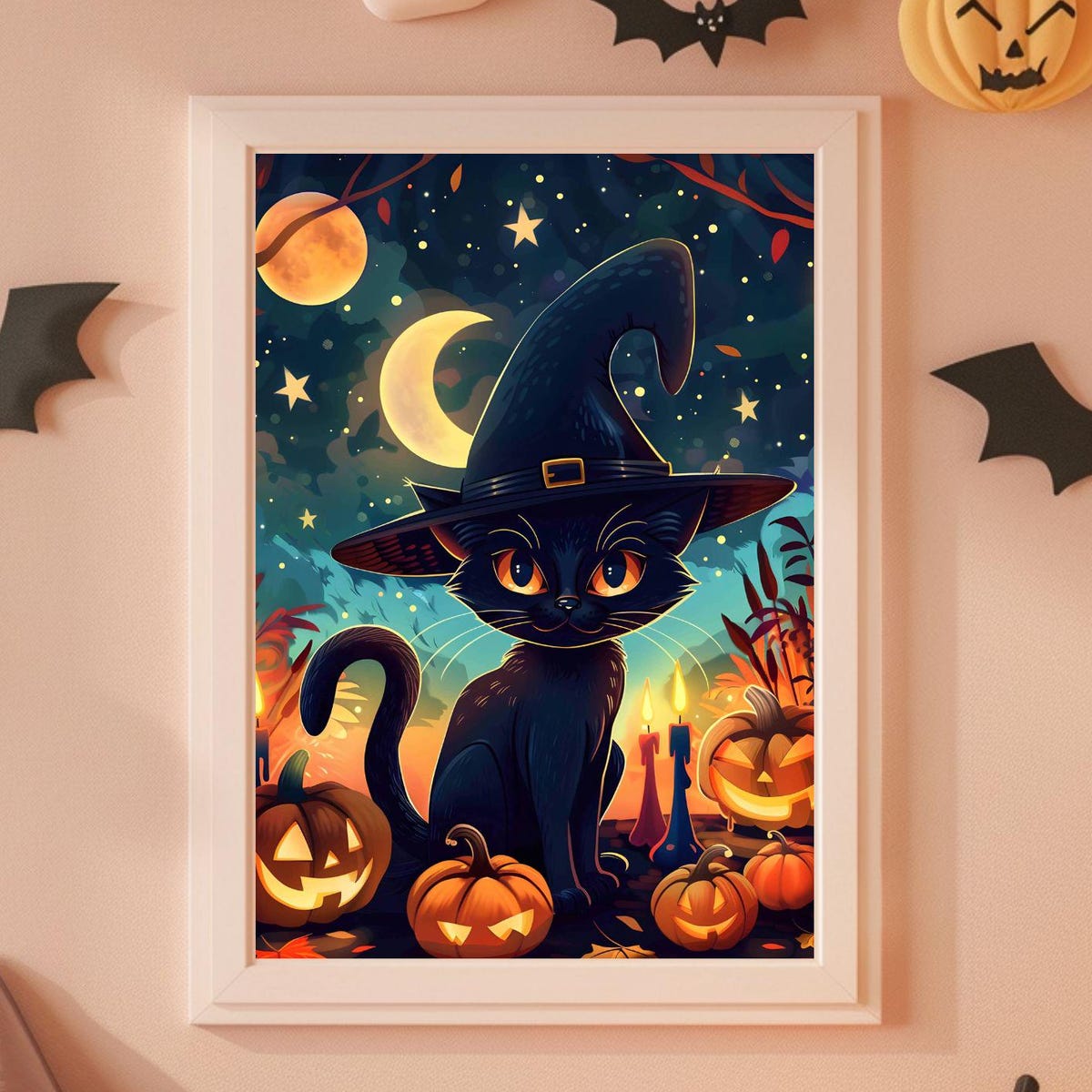 Miluva Cute black cat halloween poster witch cat wall art spooky ...