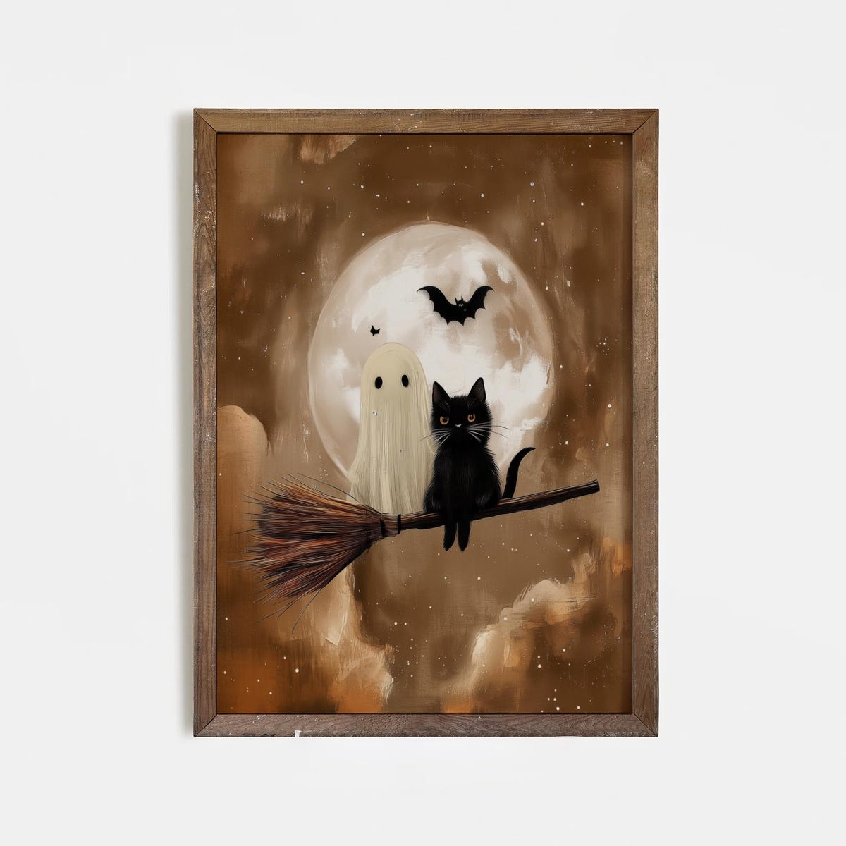 Miluva Cute ghost and black cat halloween print – Full moon wall art ...
