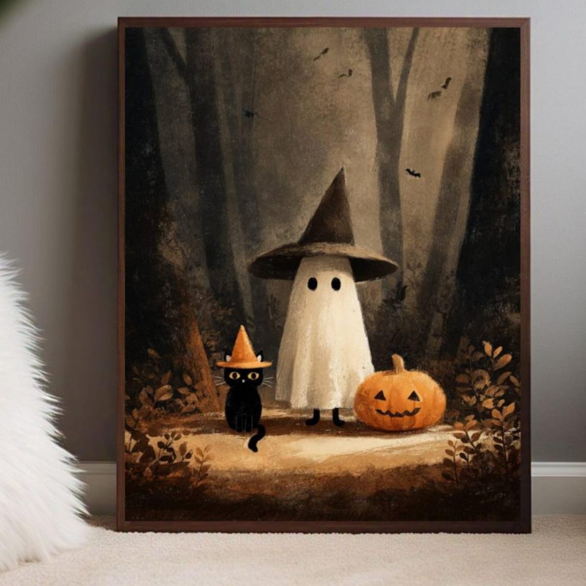 Miluva Cute ghost and black cat in dark forest print – Vintage ...