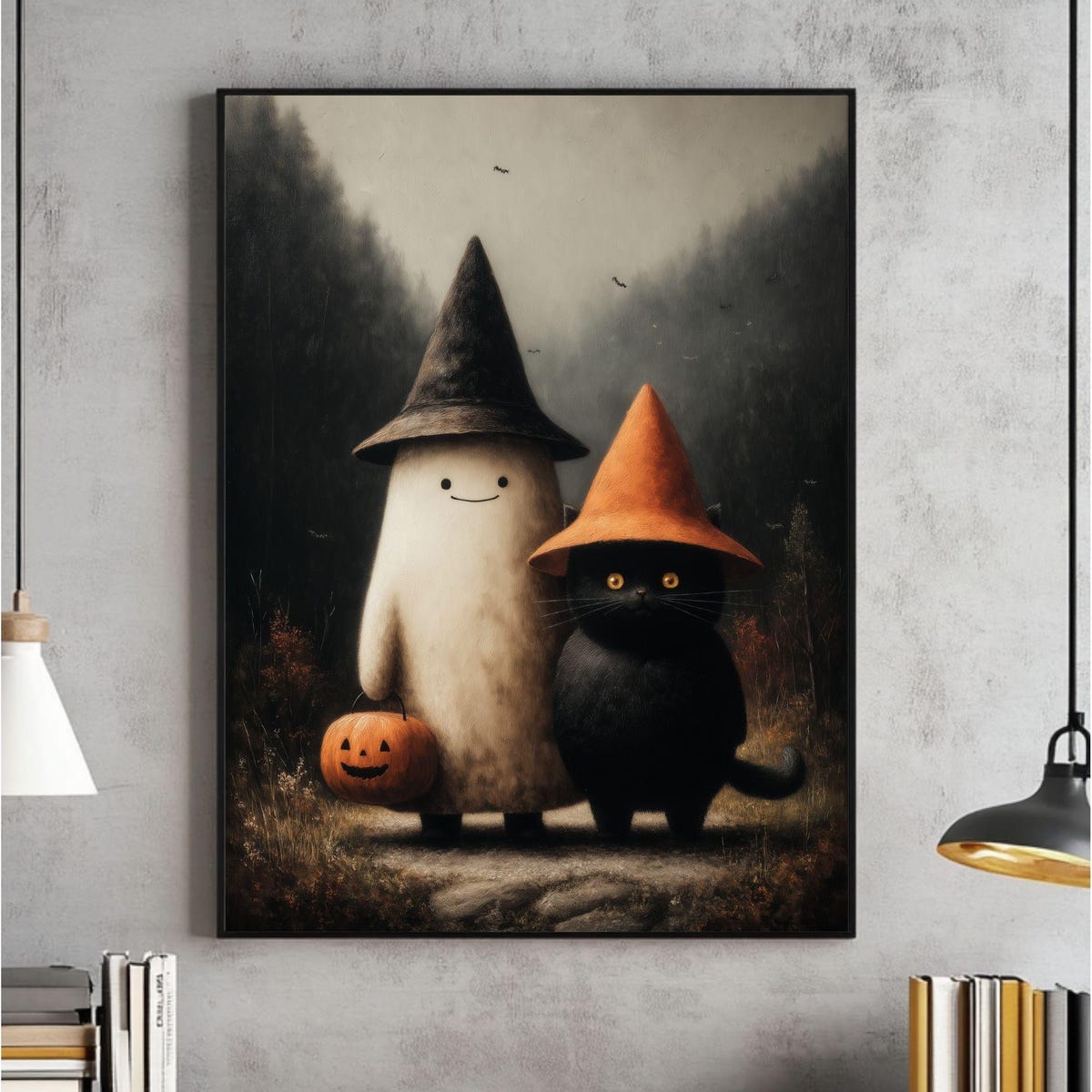 Miluva Cute ghost and black cat in dark forest wall art – Vintage ...