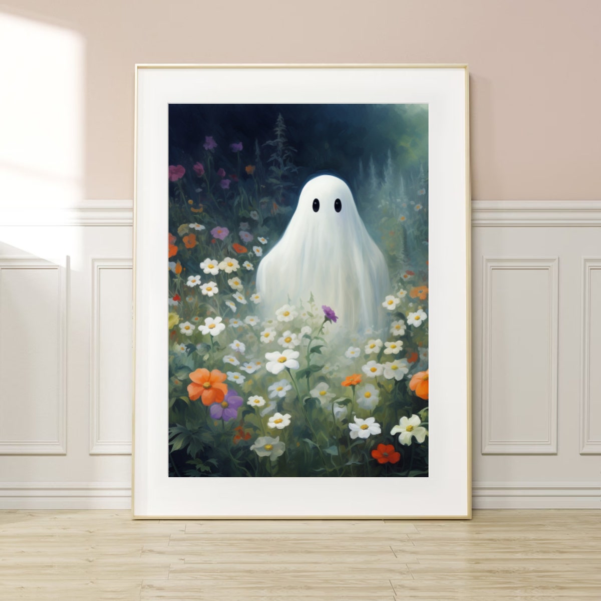 Miluva Cute ghost on a flower meadow wall art spooky vintage poster ...