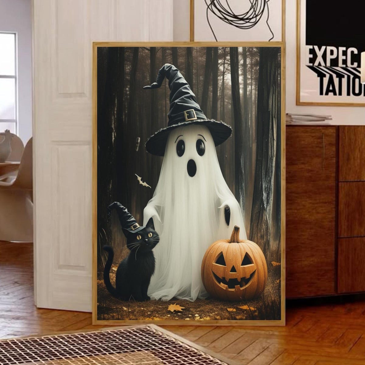 Miluva Cute halloween ghost poster – Black cat halloween print ...