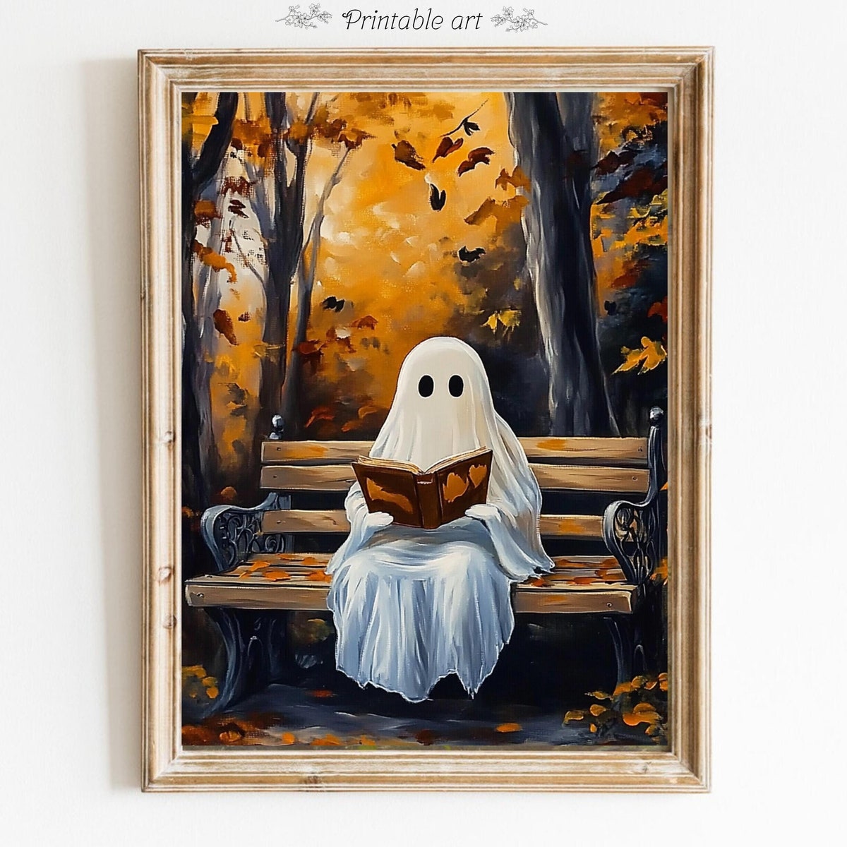 Miluva Cute halloween ghost reading a book wall art spooky vintage ...