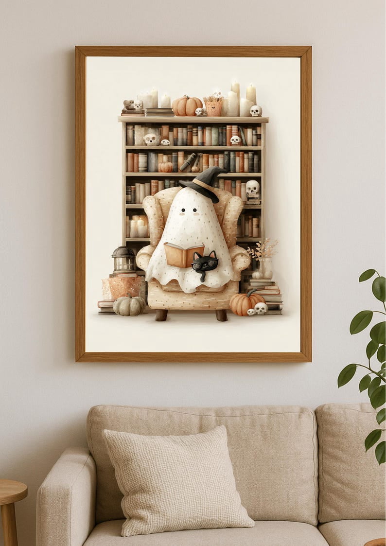 Miluva Cute halloween ghost reading with cat spooky wall art – Cozy ...