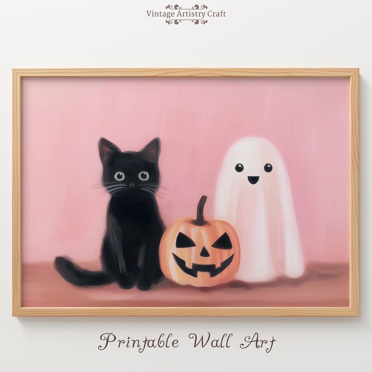 Miluva Cute halloween wall art – Black cat and ghost pink print ...