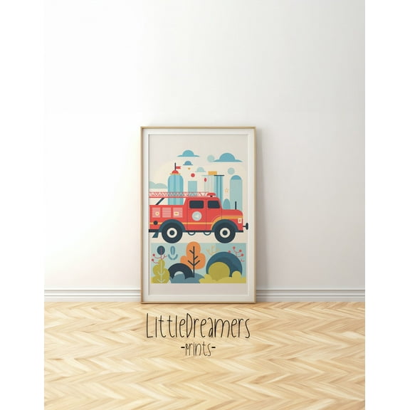 Miluva Fire Truck Print, Boys Nursery Wall Art, Kids Fire Engine Poster, Printable Kids Room Decor, Colorful Child'S Bedroom Artwork, Gift For Kids Decor For Living Room Bedroom, 8x12 UNFRAMED