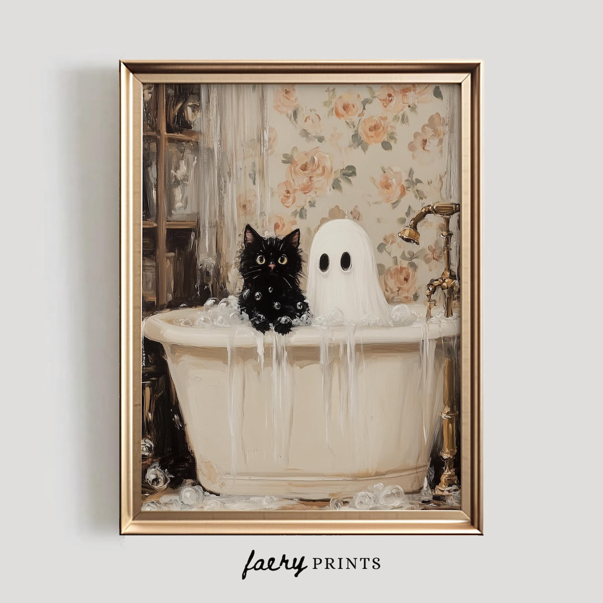 Miluva Ghost and cat in bathtub print halloween wall art cute halloween ...