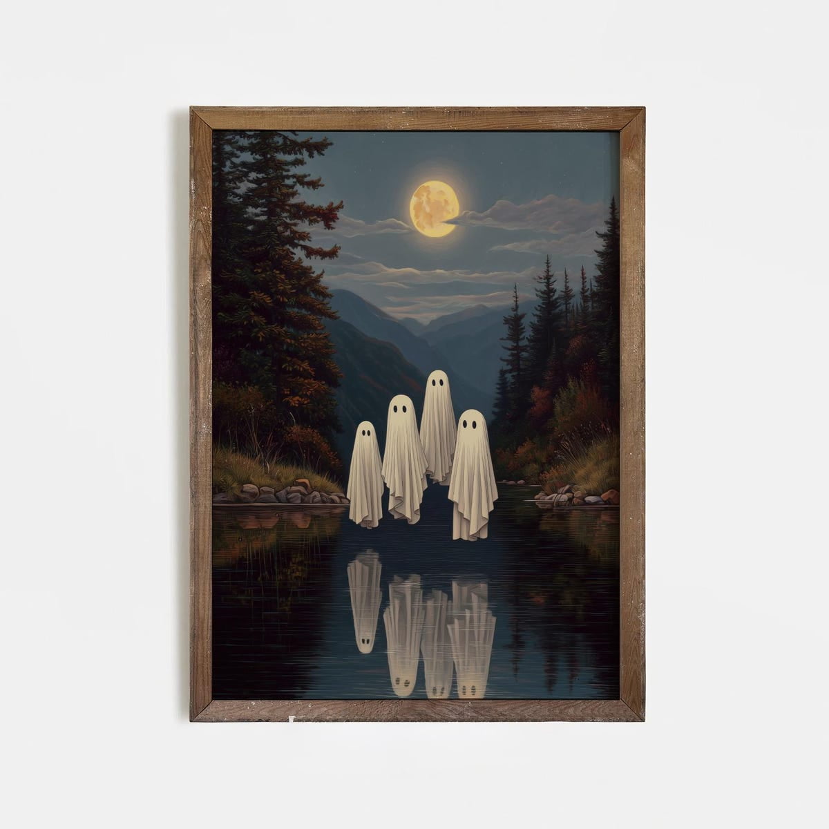Miluva Ghost family halloween wall art – Spooky moonlit forest lake ...