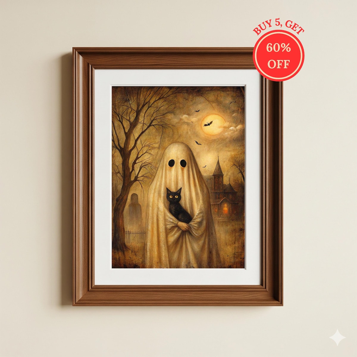 Miluva Ghost holding black cat wall art halloween vintage print spooky ...