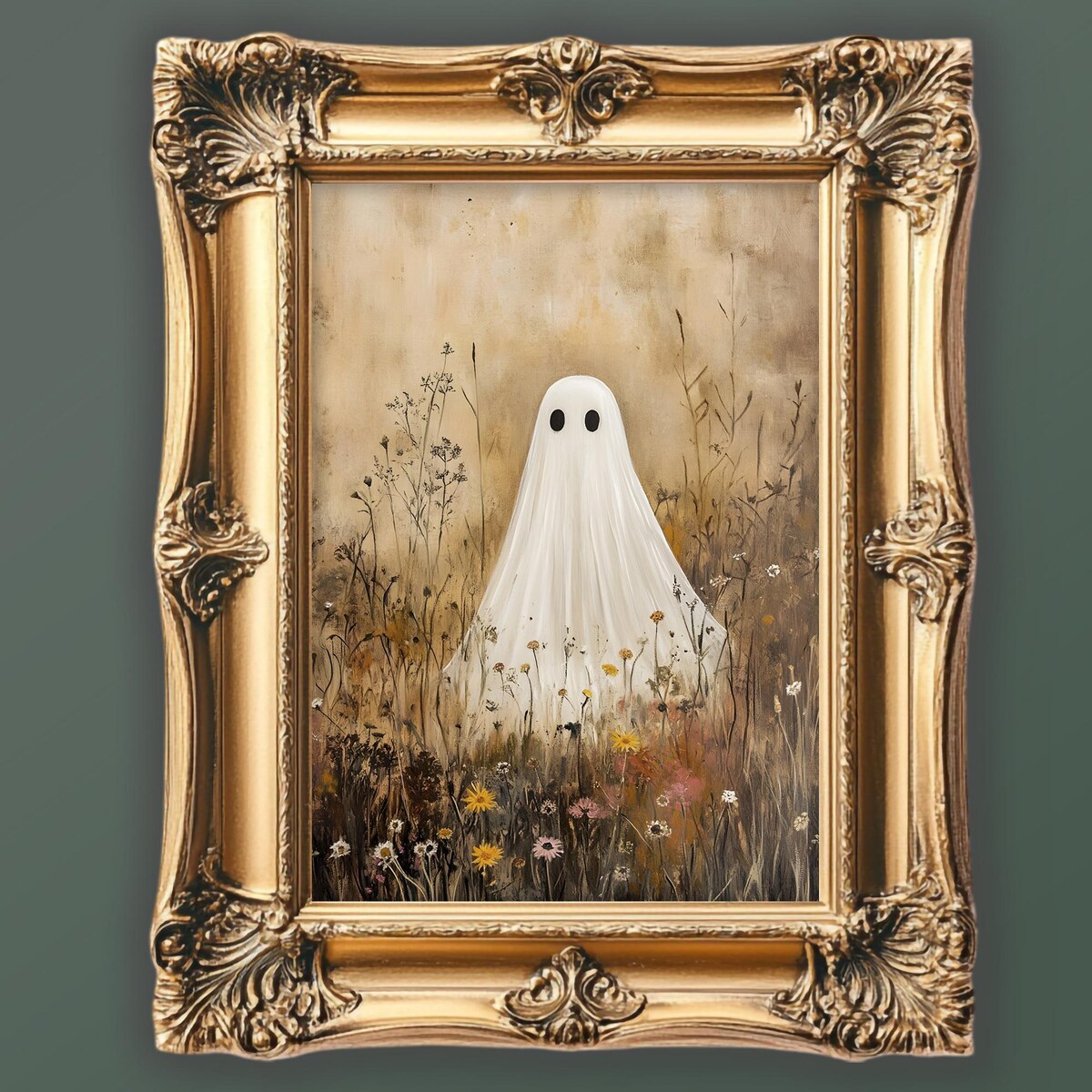 Miluva Ghost in wildflower meadow print vintage halloween wall art cute ...