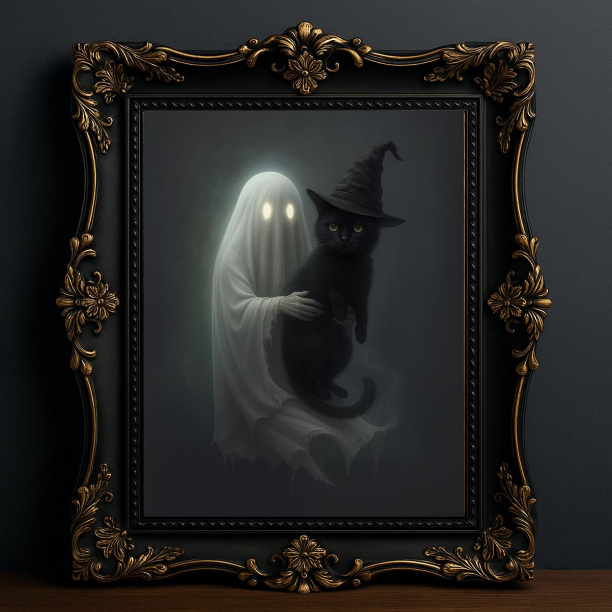 Miluva Ghost with black cat wearing witch hat wall art print – Gothic ...