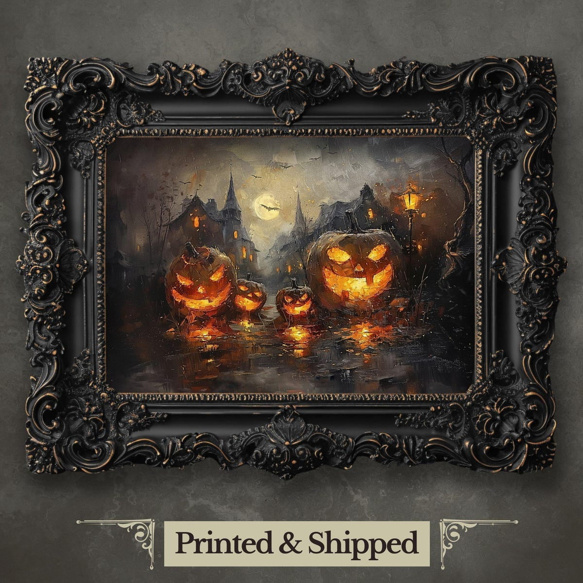 Miluva Glowing pumpkins in haunted village wall art print halloween ...