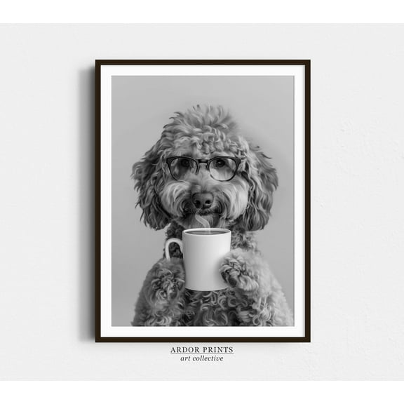 Miluva Goldendoodle And Coffee Wall Art, Black And White Print, Coffee Lover Print, Dog Gift, Dog Poster, Coffee Bar Art, Kitchen Wall Decor Decor For Living Room Bedroom, 8x12 UNFRAMED