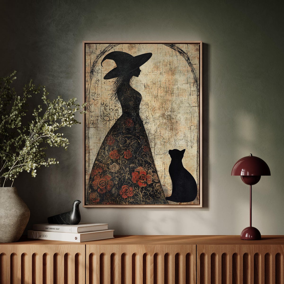 Miluva Gothic silhouette witch wall art with cat – Vintage halloween ...