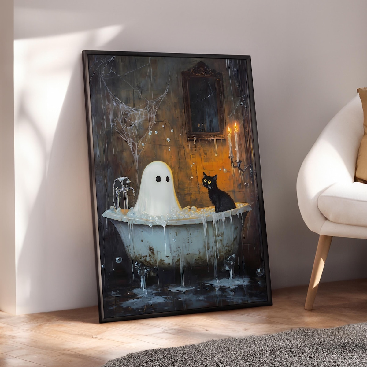 Miluva Halloween bathroom poster – Ghost and black cat wall art – Ghost ...