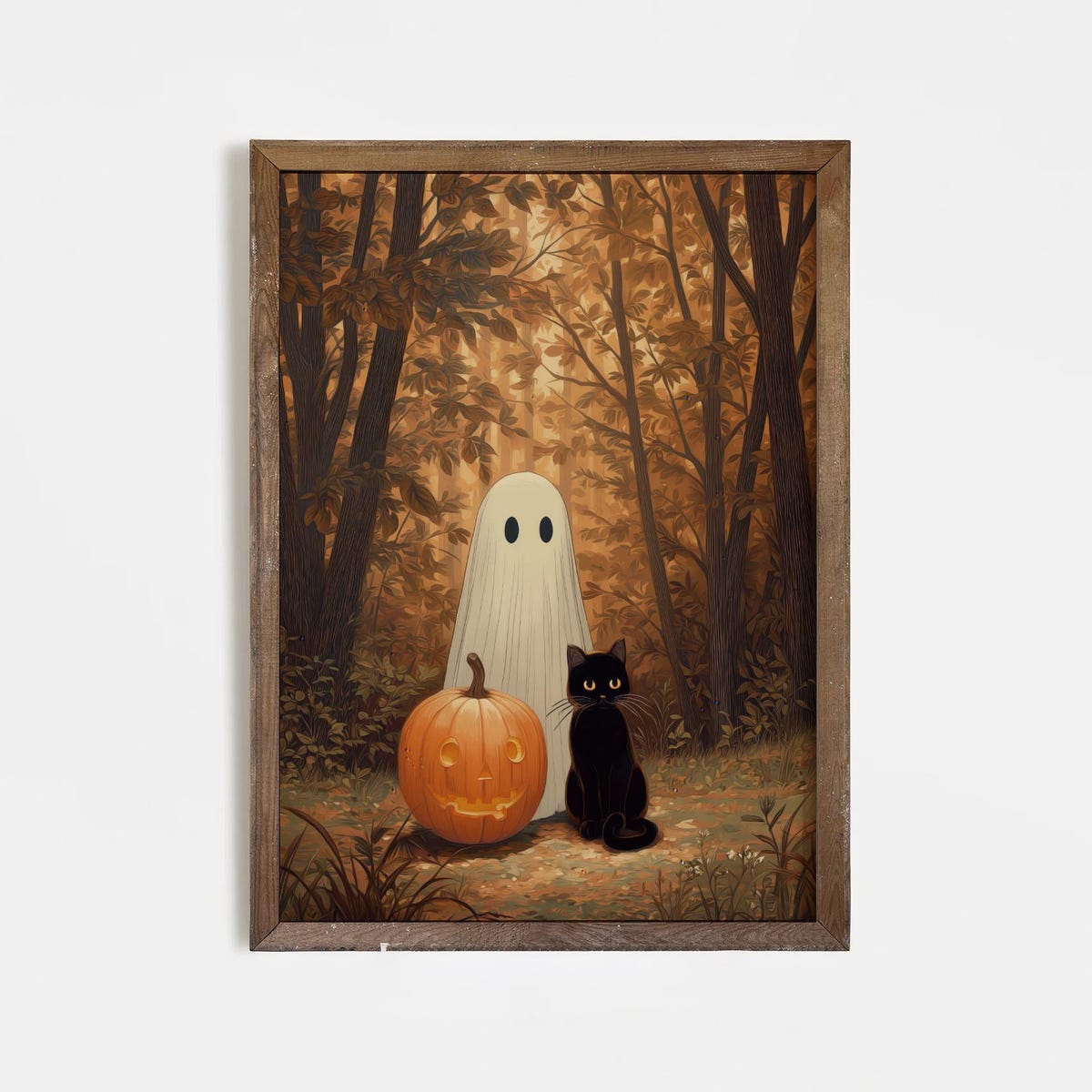 Miluva Halloween ghost and black cat wall art – Pumpkin forest print ...