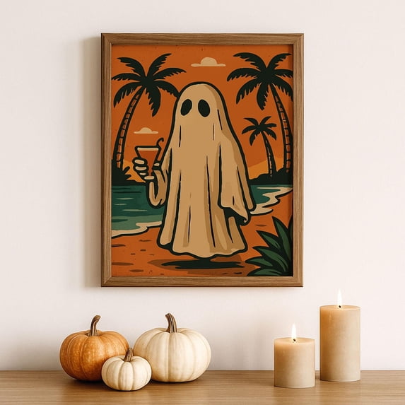 Miluva Halloween ghost beach art print: spooky ghost with cocktail ...
