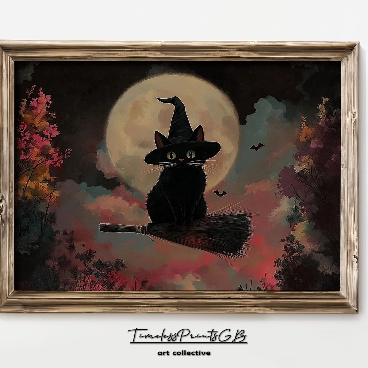 Miluva Halloween poster black cat art print cat in a witch hat wall art ...