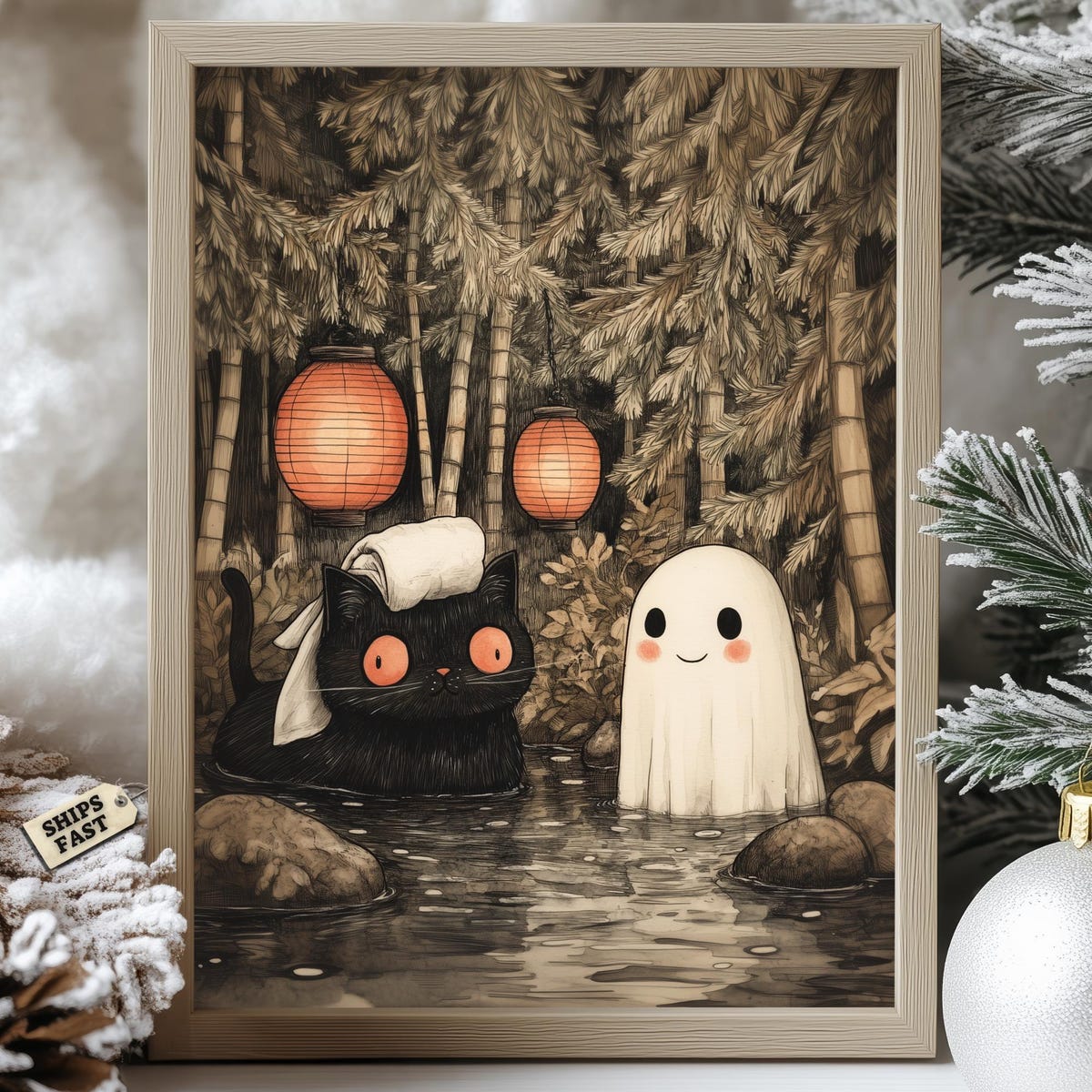 Miluva Kawaii cat and ghost onsen poster – Japanese hot spring wall art ...