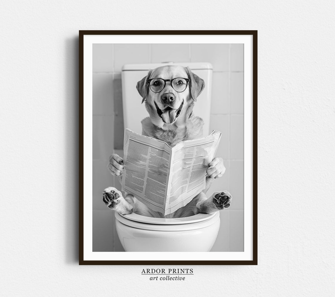 Miluva Labrador Sitting On Toilet Wall Art, Dog Reading Newspaper