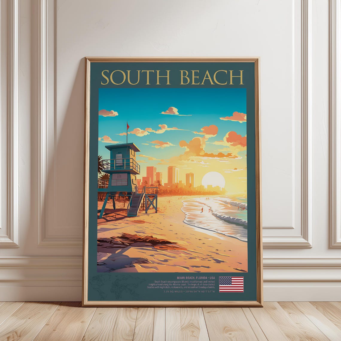 Miluva Miami South Beach Art Retro Travel Poster, Tropical Sunset Print