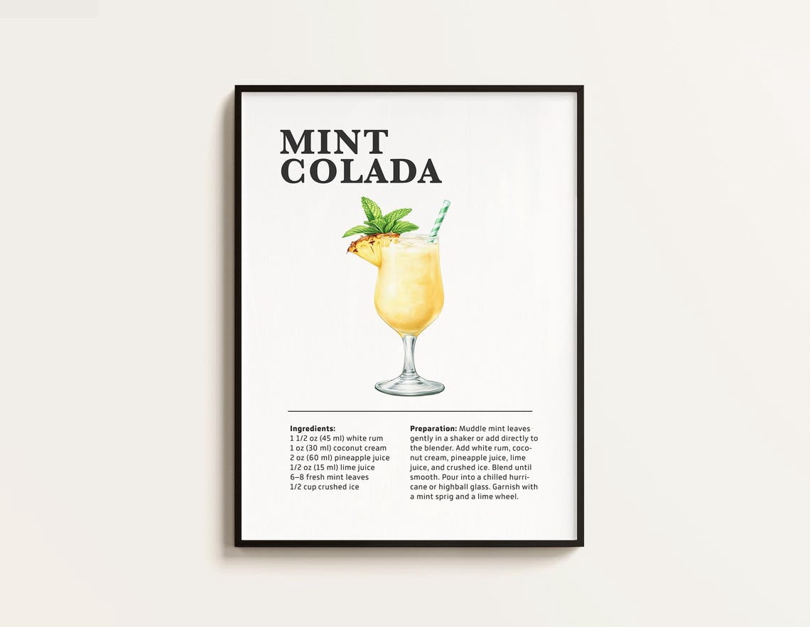 Miluva Mint Colada Poster, Colada Recipe, Cocktail Print, Bar, Kitchen ...