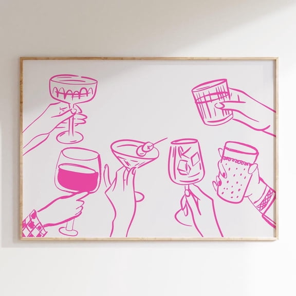 Miluva Pink Bar Cart Wall Art Trendy Bar Cart Decor Cheers Print Hand Drawing Print Modern Bar Cart Wall Art Retro Kitchen Digital , Decor For Living Room Bedroom, 24x36 UNFRAMED