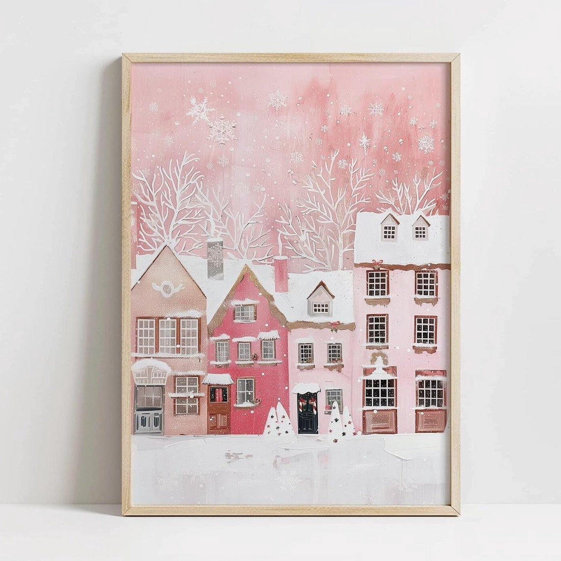 Miluva Pink Winter Village Wall Art, Printable Pink Winter , Pastel