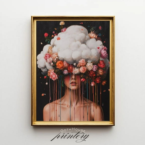 Miluva Printable Head In Clouds Surreal Portrait, Coquette Maximalist, Floral Woman Print, Funky Dopamine Decor, Eclectic Moody Wall Art, Quirky Decor For Living Room Bedroom, 8x12 UNFRAMED
