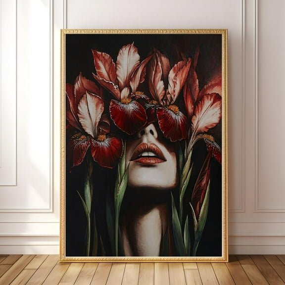 Miluva Printable Moody Floral Woman Portrait, Dark Feminine Art, Surreal Flower Print, Gothic Botanical Wall Art, Boho Eclectic Decor For Living Room Bedroom, 8x12 UNFRAMED