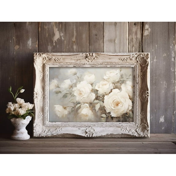 Miluva Printable White Roses Floral, Farmhouse Style, Vintage Print, , French Country White Art Decor For Living Room Bedroom, 8x12 UNFRAMED