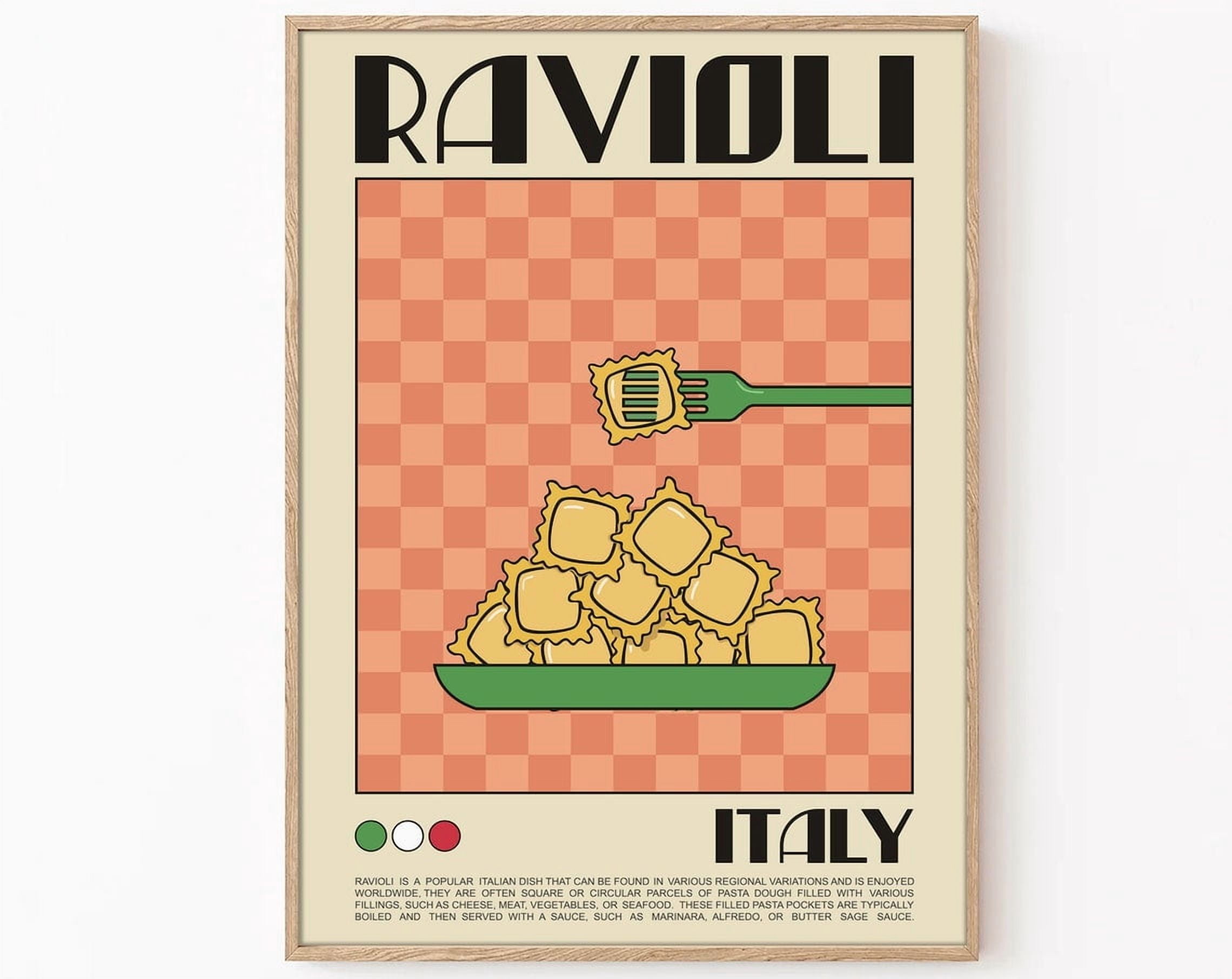 Miluva Ravioli Retro Poster, Pasta Print, Ravioli Wall Art, Retro Food ...