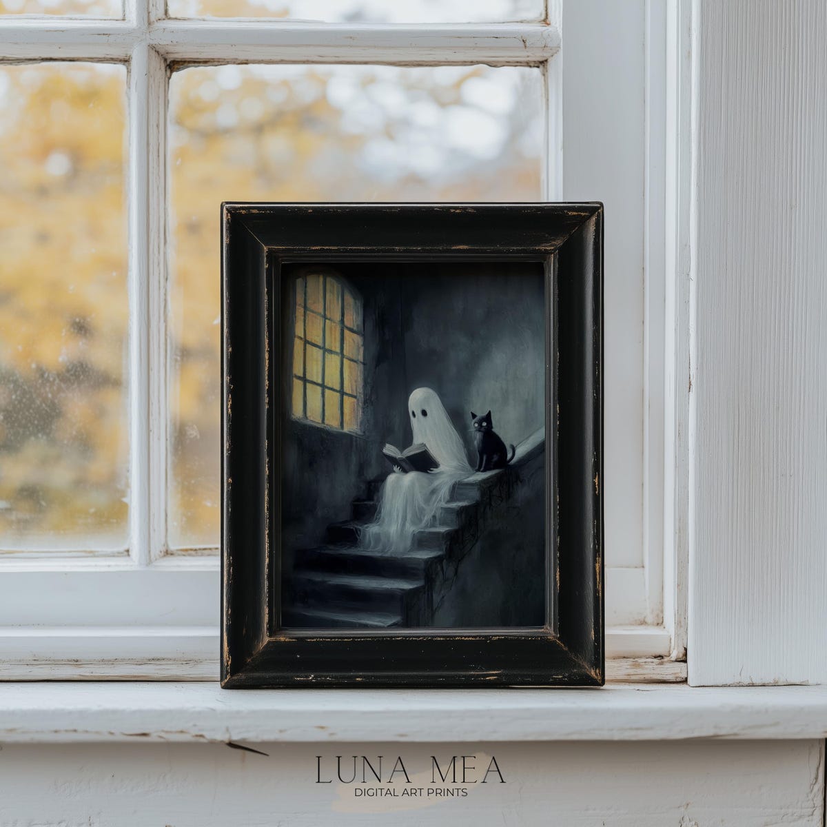 Miluva Reading ghost black cat halloween wall art decor spooky cuteness ...