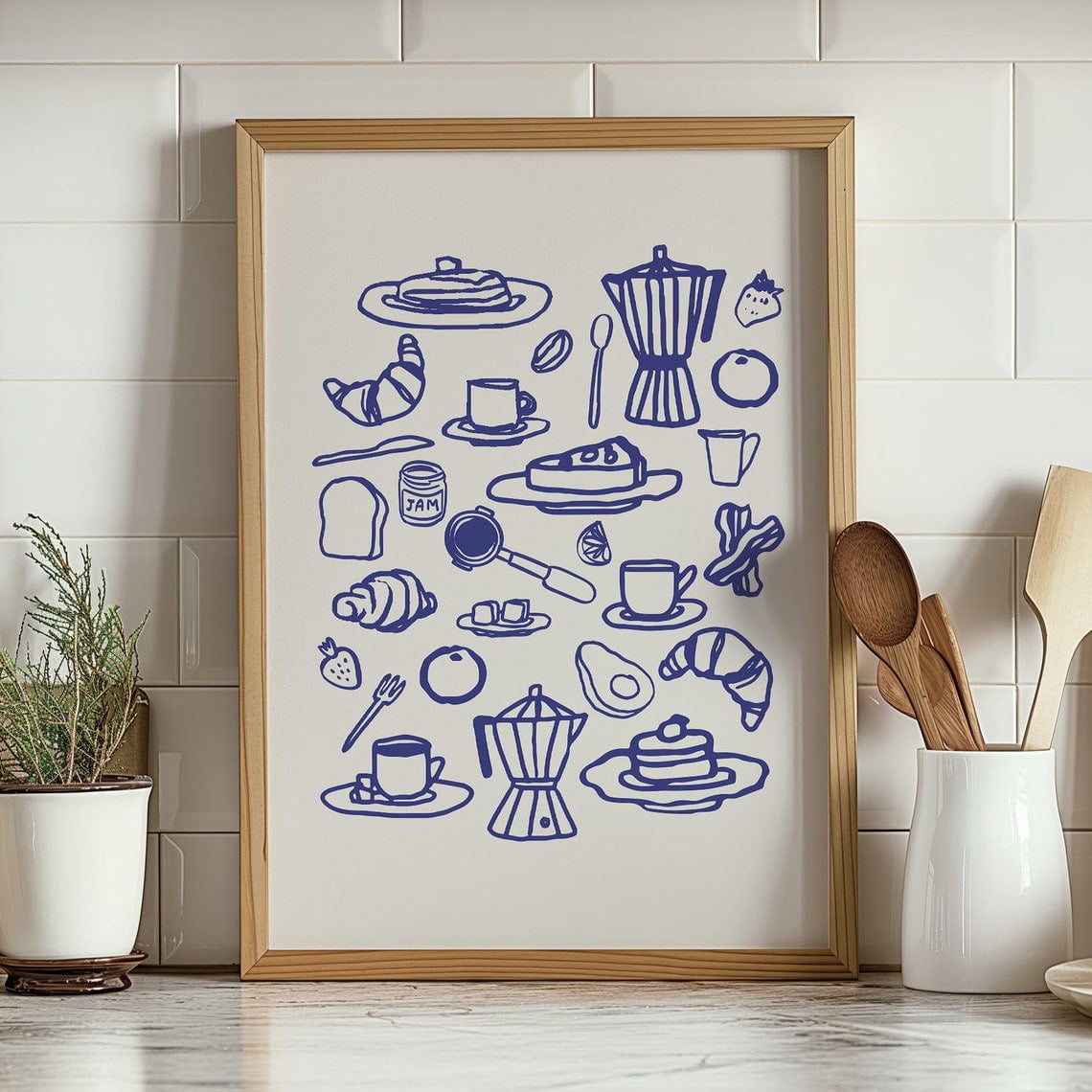 Breakfast Print Miluva Retro Breakfast Print, Blue Kitchen Wall Art, Coffee Poster ...