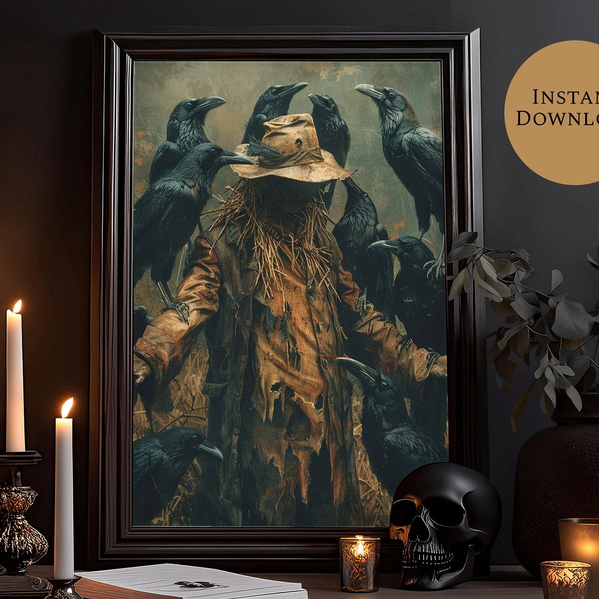 Miluva Scarecrow raven print moody wall art spooky season spooky ...
