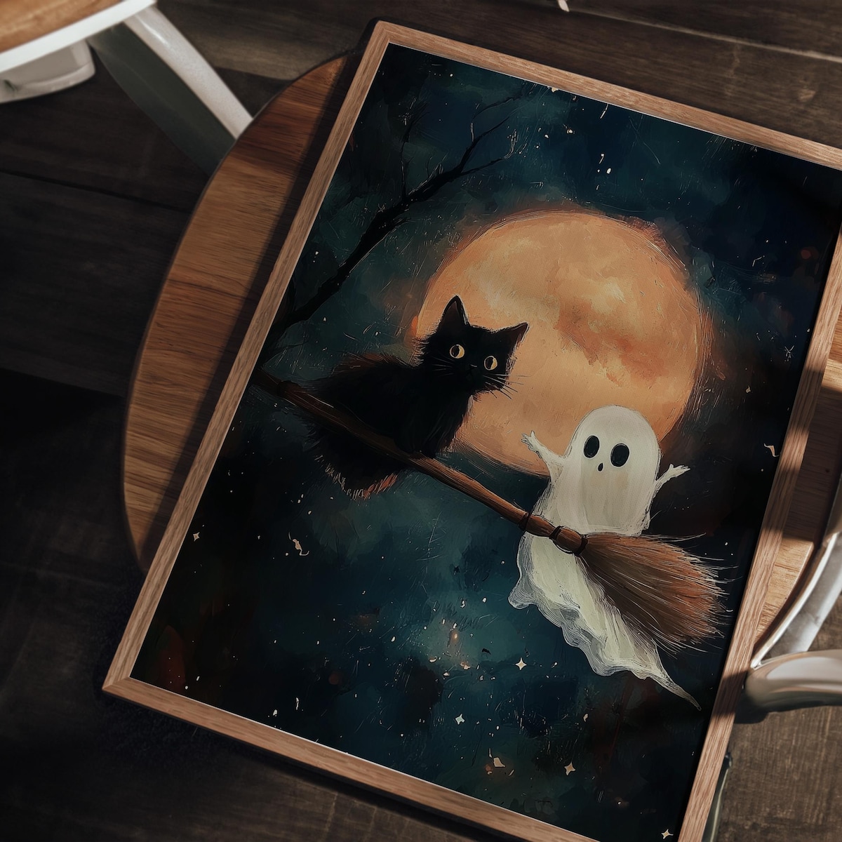 Miluva Spooky black cat print – Halloween wall decor – White ghost ...